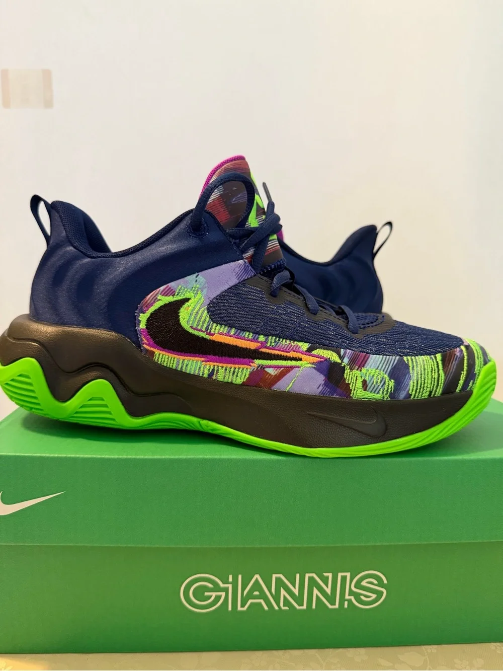 Nike Kids Navy Sneakers with Neon Green and Pink Accents